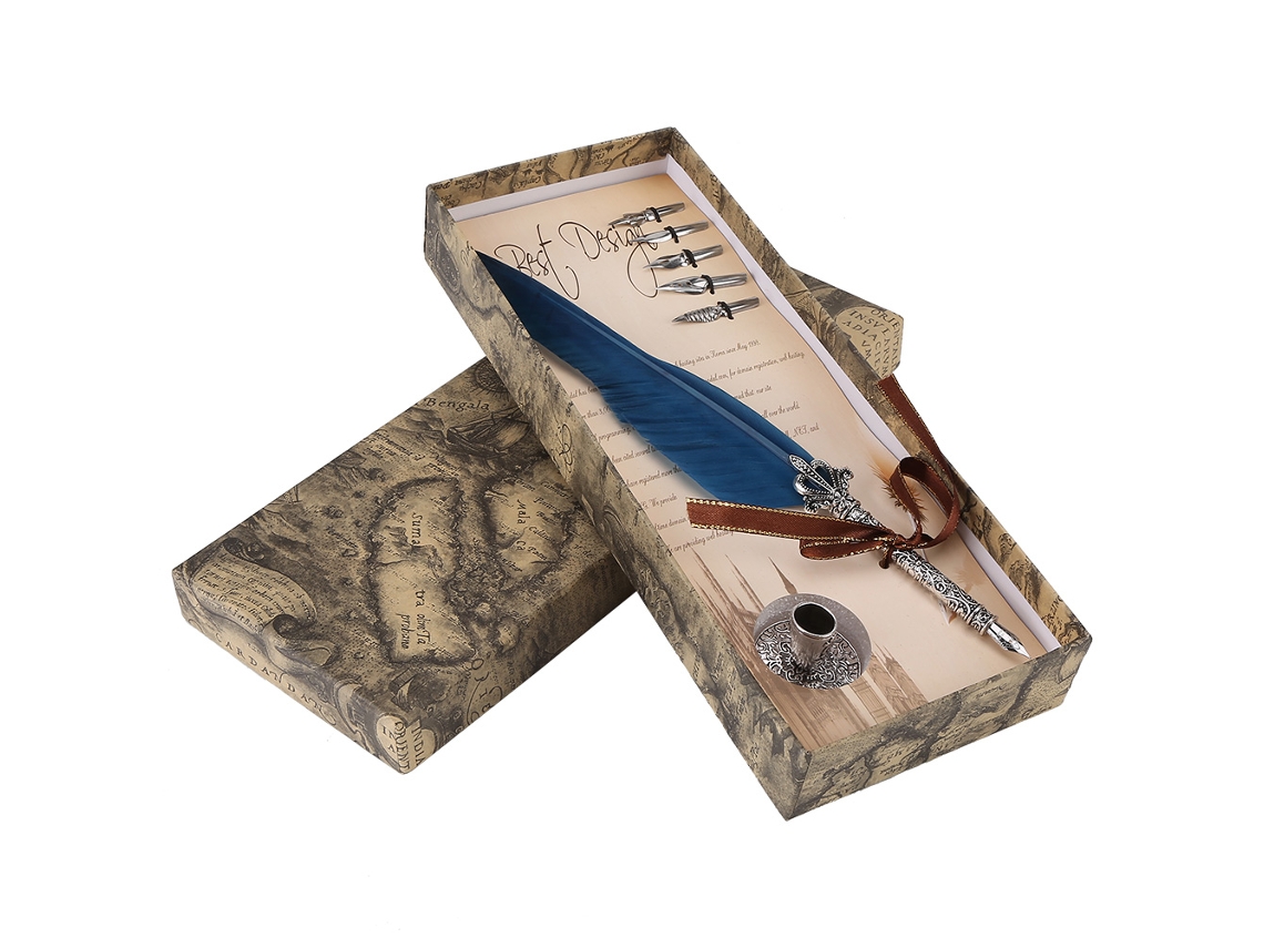 Definir Pluma Pluma De Ave Para Caligrafía Inglesa Con 5 Puntas Azul Caja Regalo Papelería
