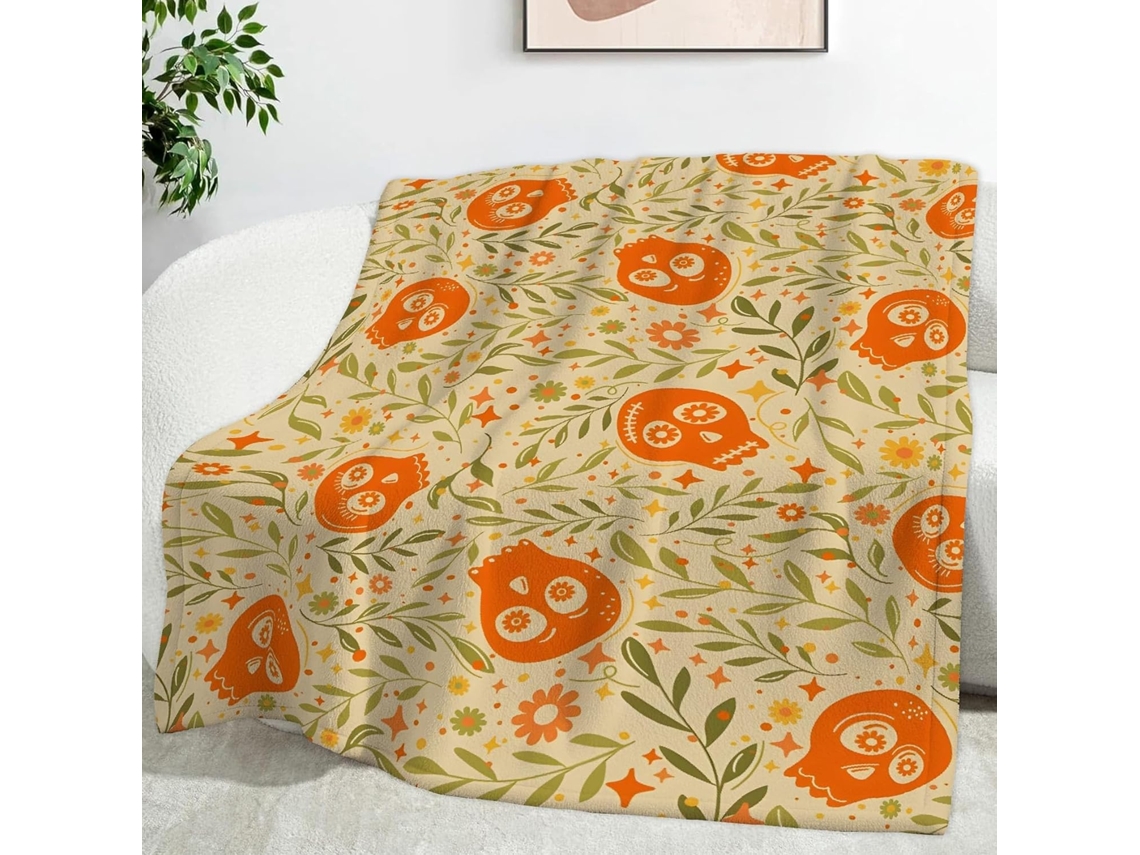 Manta Multifuncional de Flanela Macia e Aconchegante com Estampa Caveira Folha 150x200 Cm Ideal para Escritóri