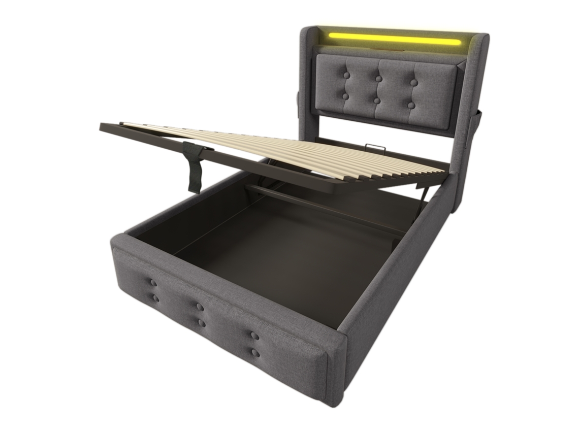 Cama Estofada PAPRIKA Solteiro 90x200cm com Led, Usb, estrutura Metálica, ripas de Madeira, capacidade 150kg, cinza, com Colchão