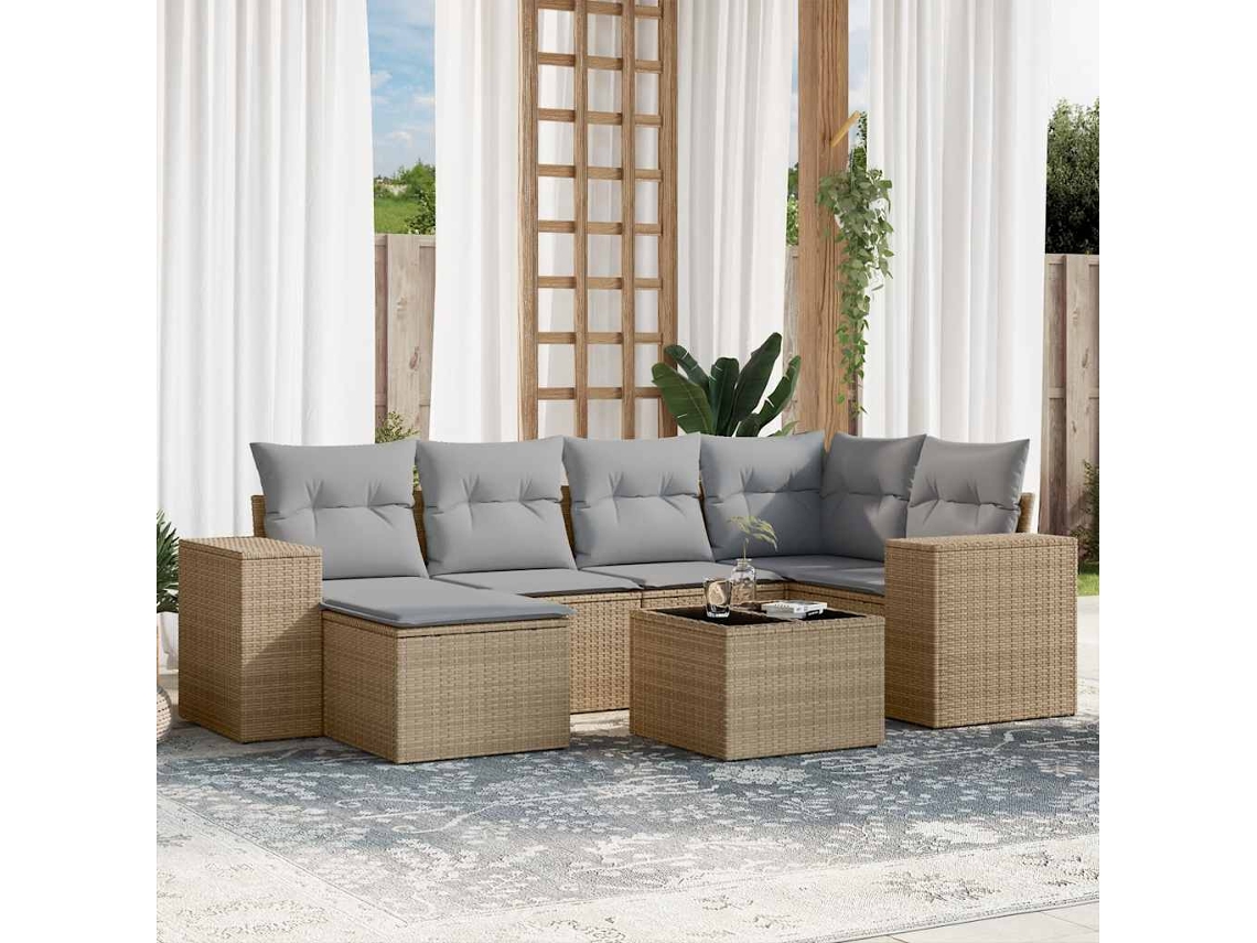 Vidaxl 7 Pcs Conjunto De Sofás P/ Jardim Com Almofadões Vime Pe Bege
