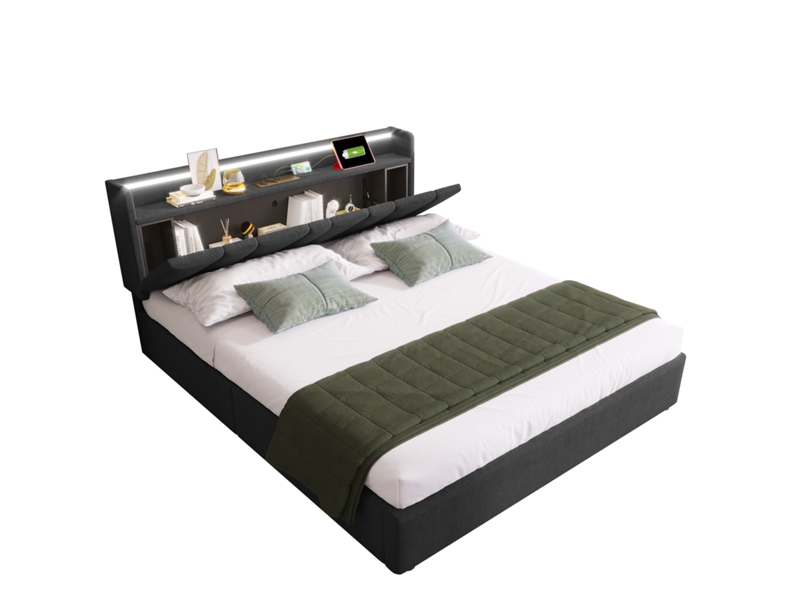 Cama de Casal Estofada 160x200cm com Carregamento Usb,cabeceira com Armazenamento e Iluminação Led,estrutura Cinza com Colchão PAPRIKA