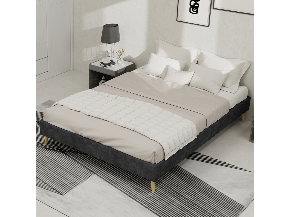 Cama Baixa Minimalista 140x200 Veludo Cinza Arrumação Adulto