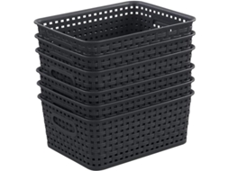 2026 conjunto de 6 Cestos de Plástico Negro para Armazenamento com Design de Vime e Alça Ergonômica