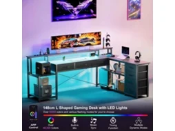 Secretária Em L 200cm Led Rgb App 7 Gavetas Suporte Monitor Tomadas Integradas Reversível Preta Gaming