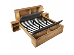 Cama de Casal 160x200 Cm em Madeira com Cabeceira Estofada, espaço de Armazenamento, mesas de Cabeceira e Candeeiros Usb PAPRIKA