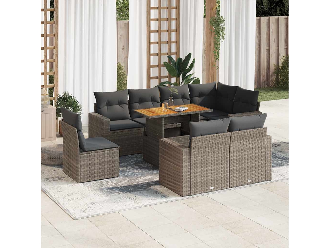 Vidaxl 9 Pcs Conjunto Sofás P/ Jardim Com Almofadões Vime Pe Cinzento