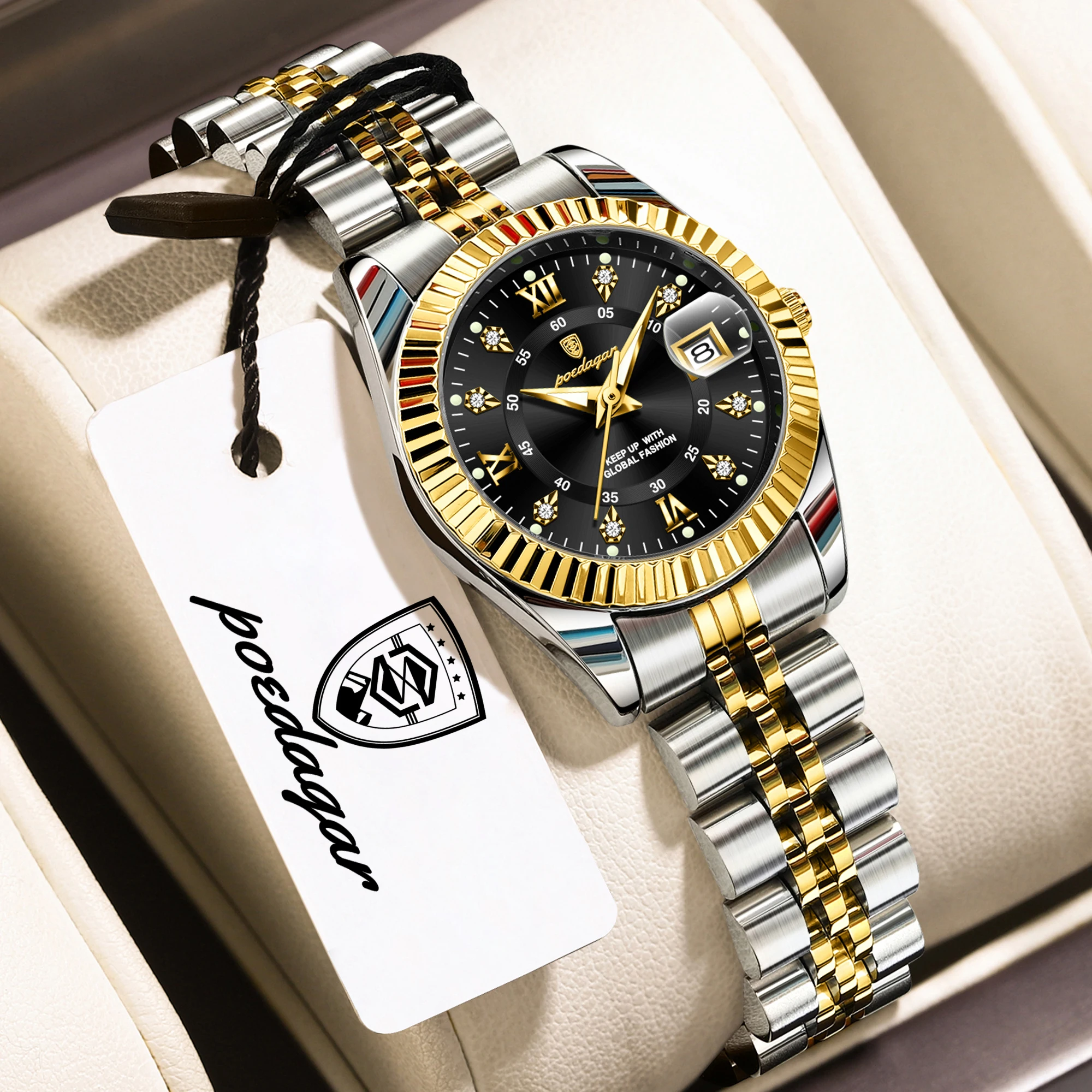 Relógio Feminino Original E Elegante (dourado E Preto), Caixa Em Aço Inoxidável Resistente À Água E Com Visor De Data.