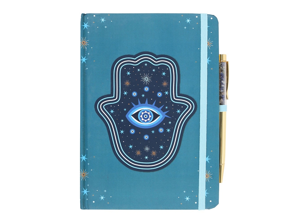 Caderno A5 Something Different Hand Of Hamsa Crystal Chips Com Detalhes Em Azul Claro E Dourado