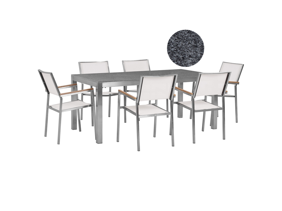Conjunto De Refeição De Jardim Para 6 Pessoas Beliani Grosseto De Granito, Aço Inoxidável Cinzento/branco 180x90x70