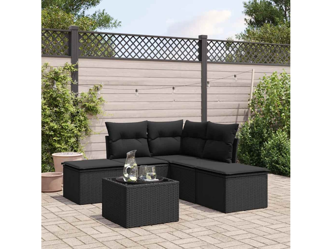 Vidaxl 6 Pcs Conjunto Sofás De Jardim C/ Almofadões Vime Pe Preto