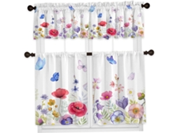 Conjunto De Cortinas Cozinha Para Janelas, Cortinas Florais Semi Envelhecidas De 3 Peças E Com Bolsos Para Decoração