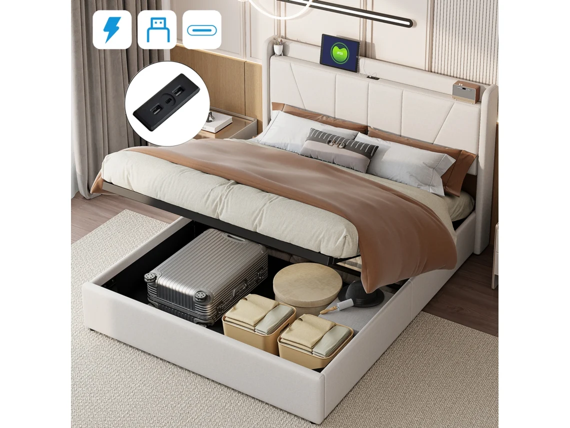 Cama De Casal 160x200 Cm, Cama Estofada, Usb Tipo C, Com Caixa De Armazenamento, Tecido De Linho Bege