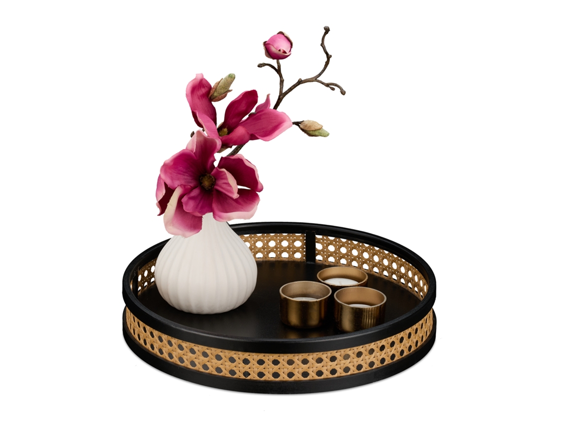 Tabuleiro Decorativo Relaxdays, Visual De Rattan, 5,5 X 30 Cm, Bandeja Redonda Para Velas, Joias, Preto/natural