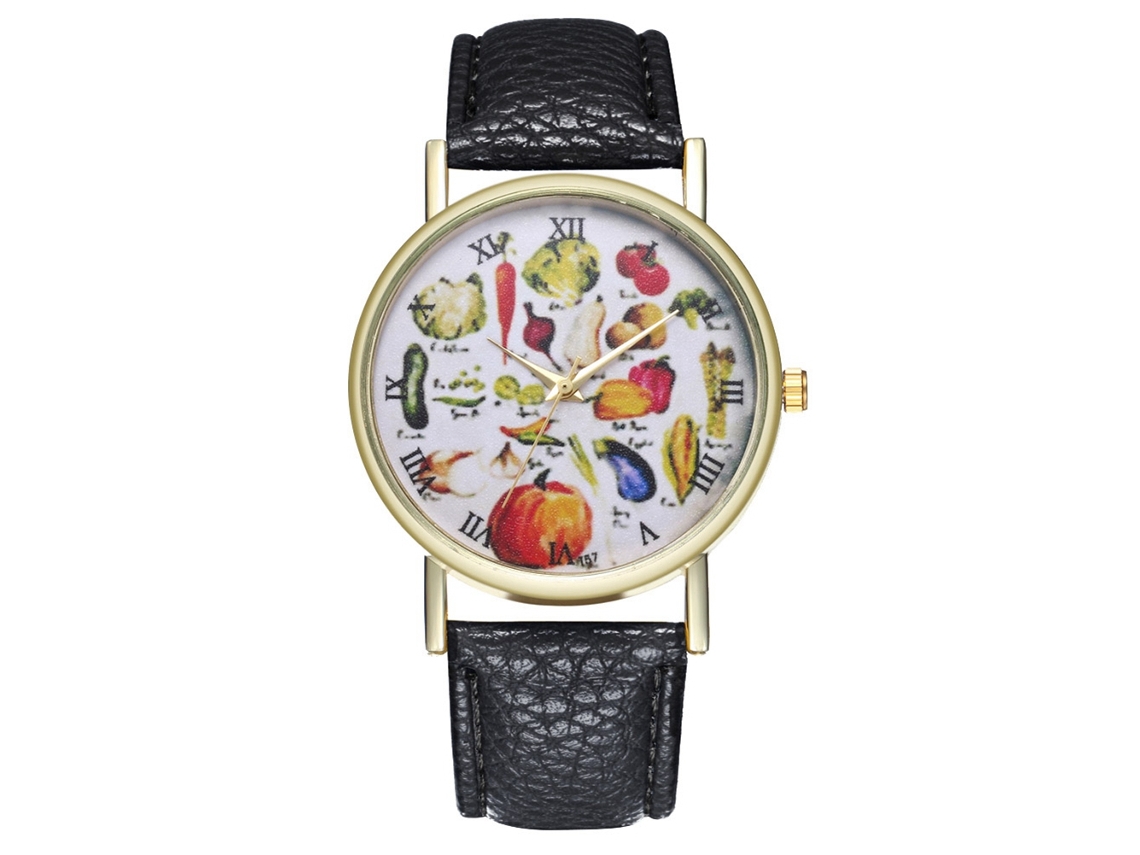 Reloj Cuarzo De Moda Con Correa De Cuero Pu, Dial De Frutas, Unisex (negro)