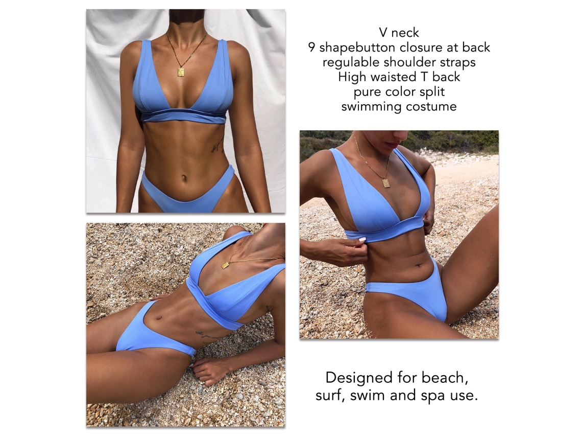 Maiô Listrado V neck Alto Regulável Azul Praia XL