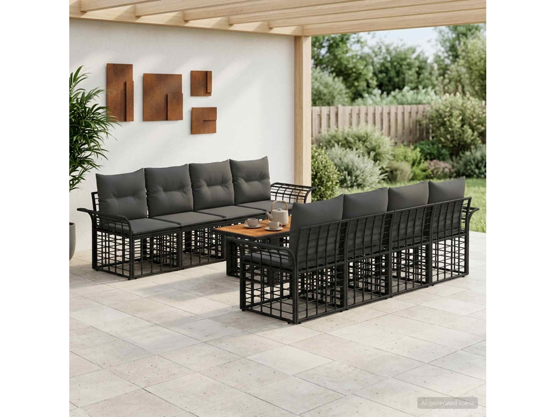 Vidaxl Conjunto De Sofá De Jardim 9 Unid. Preto E Cinza Escuro Vime Pe