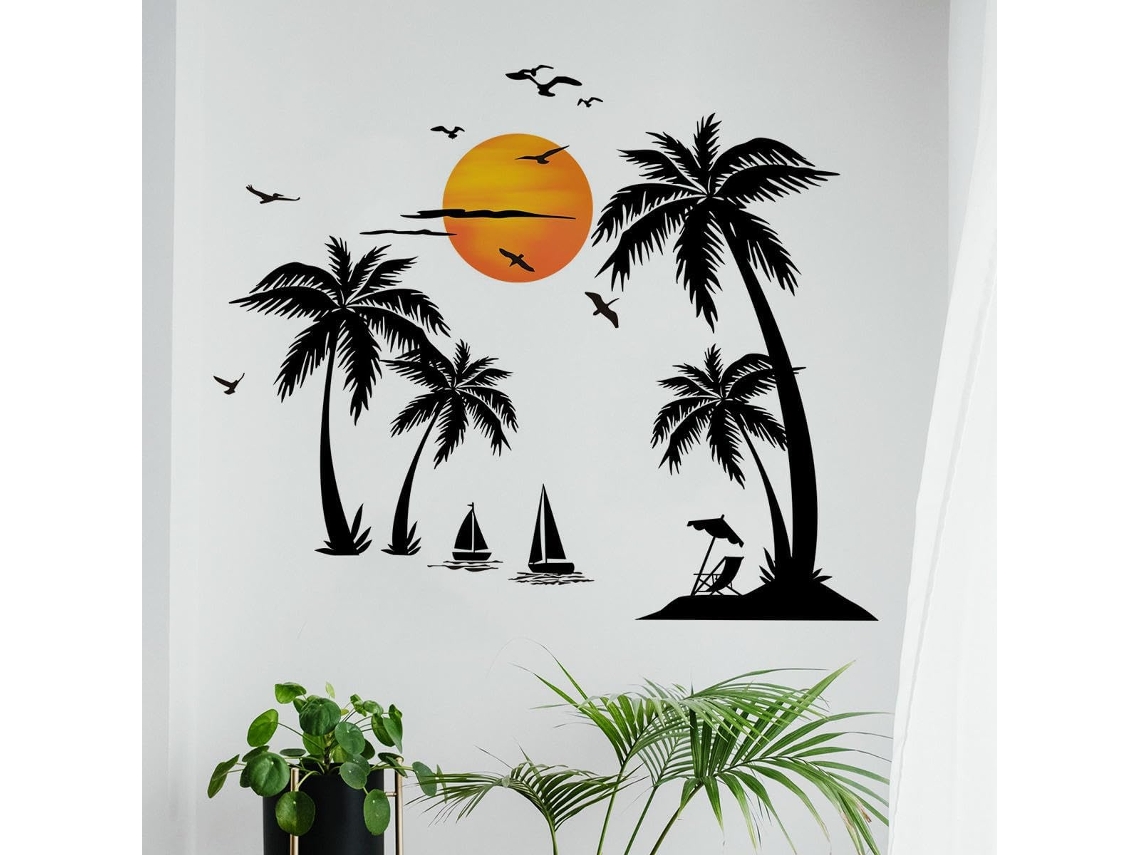 Jm Life Coucher De Soleil Plage Cocotier Arbre Mur Adesivos Chambre Salon Xuanguan Decoração (2 Conjuntos)