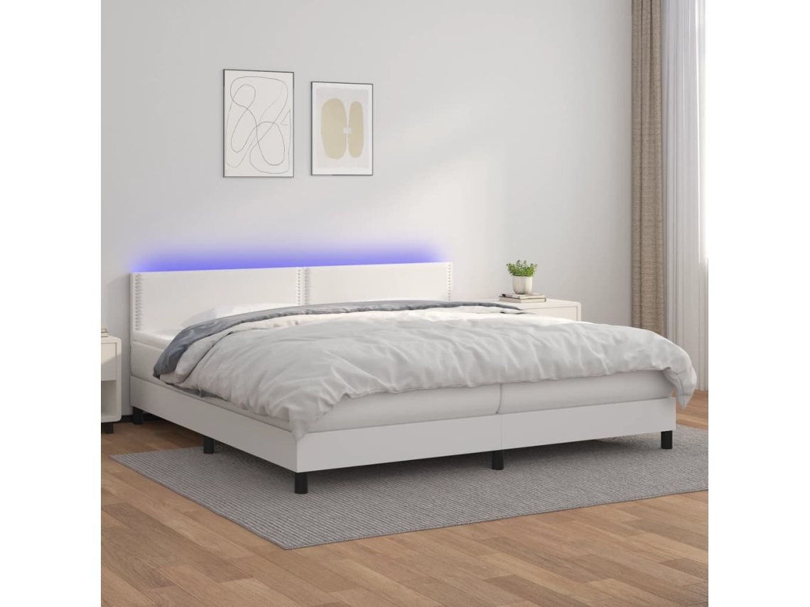Vidaxl Cama Box Spring C/colchão/led 200x200cm Couro Artificial Branco