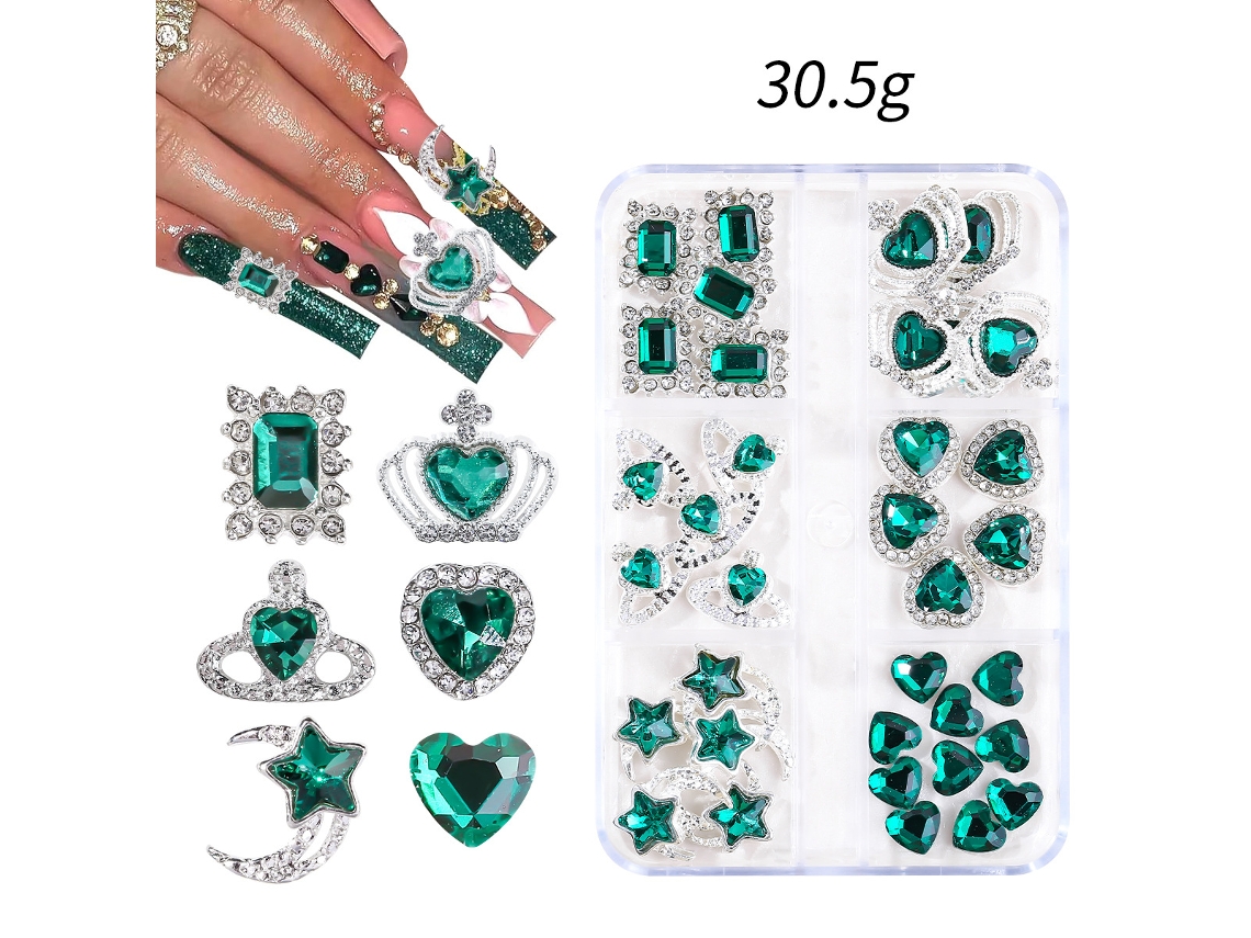 Conjunto de 6 Compartimentos para Decoração de Unhas, com Strass 3d em Acrílico, Cor Verde Escuro. PANOONA