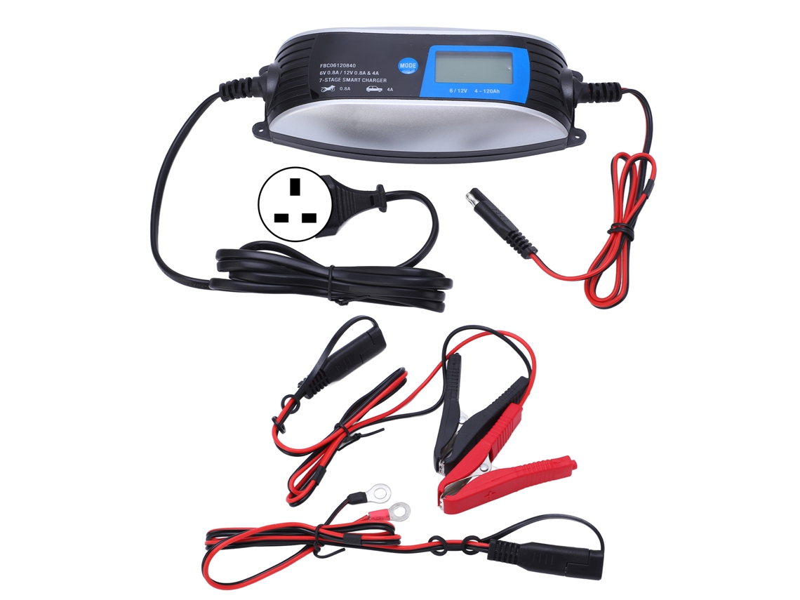 Carregador de bateria inteligente com tela LCD e proteção contra inversão de polaridade, 180-240 V, conector padrão Reino Unido.