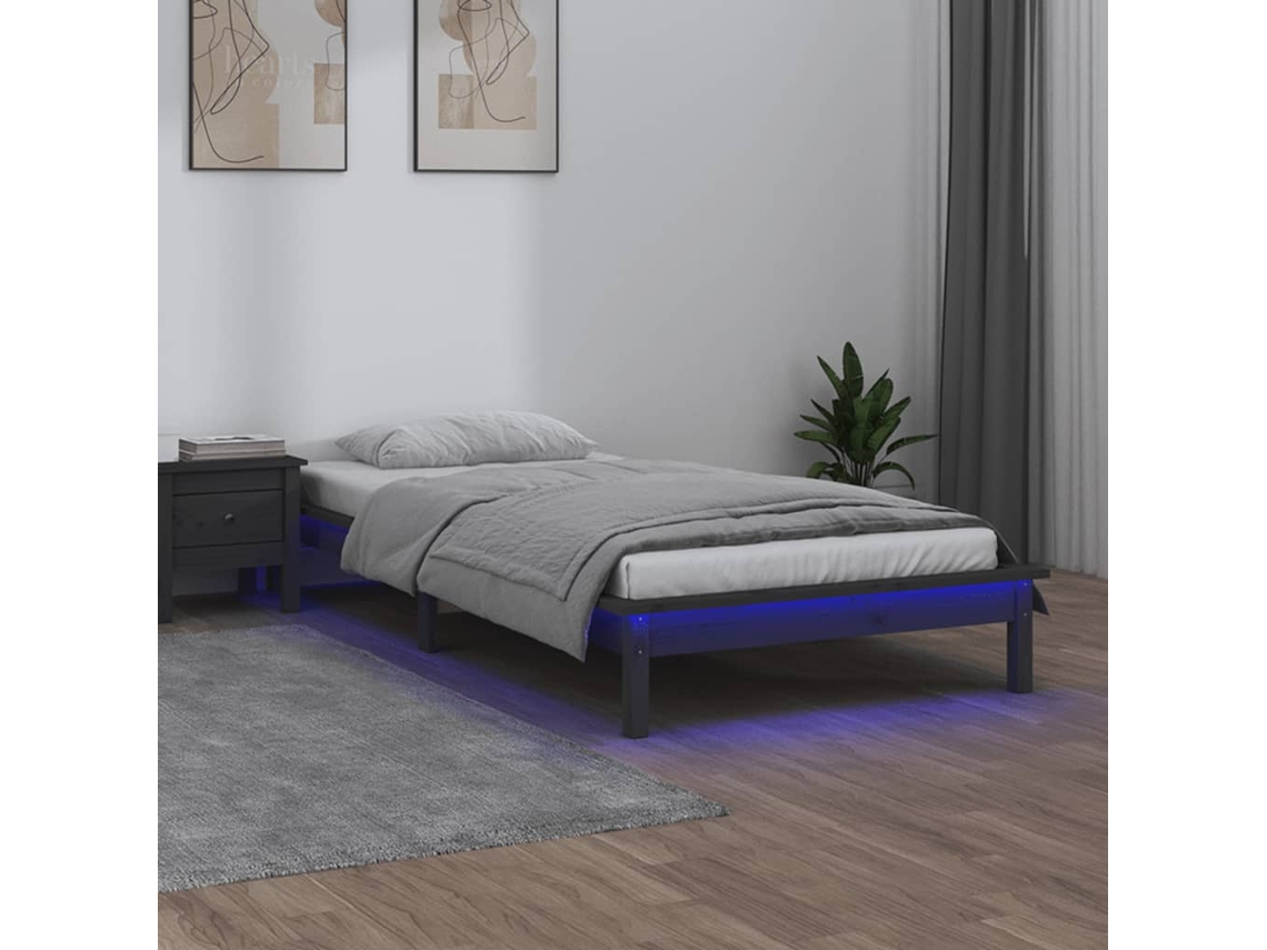 Vidaxl Estrutura Cama De Solteiro C/ Led 90x190cm Madeira Maciça Cinza