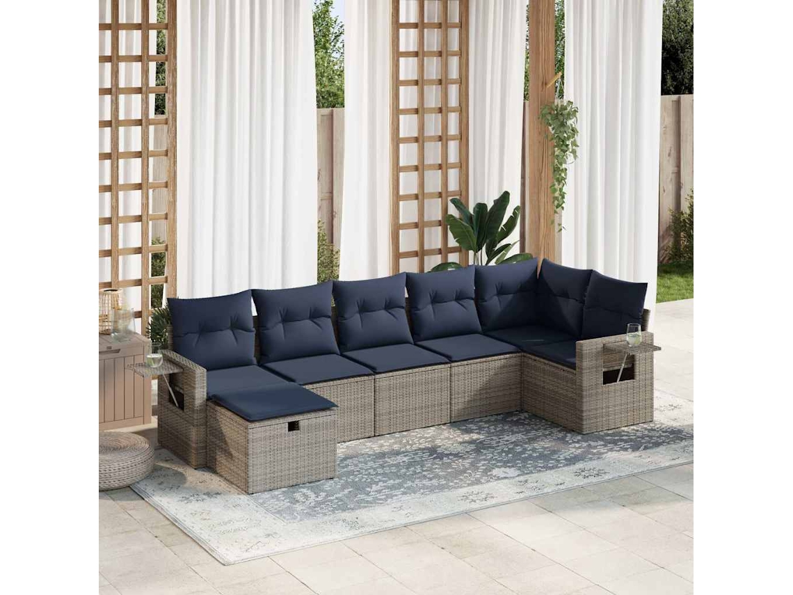 Vidaxl 7 Pcs Conjunto Sofás P/ Jardim C/ Almofadões Vime Pe Cinzento