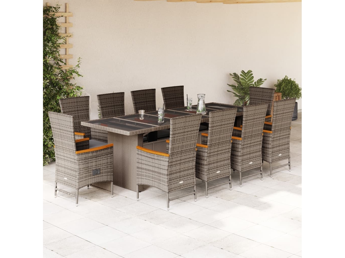 Vidaxl 11 Pcs Conjunto Jantar P/ Jardim C/ Almofadões Vime Pe Cinzento