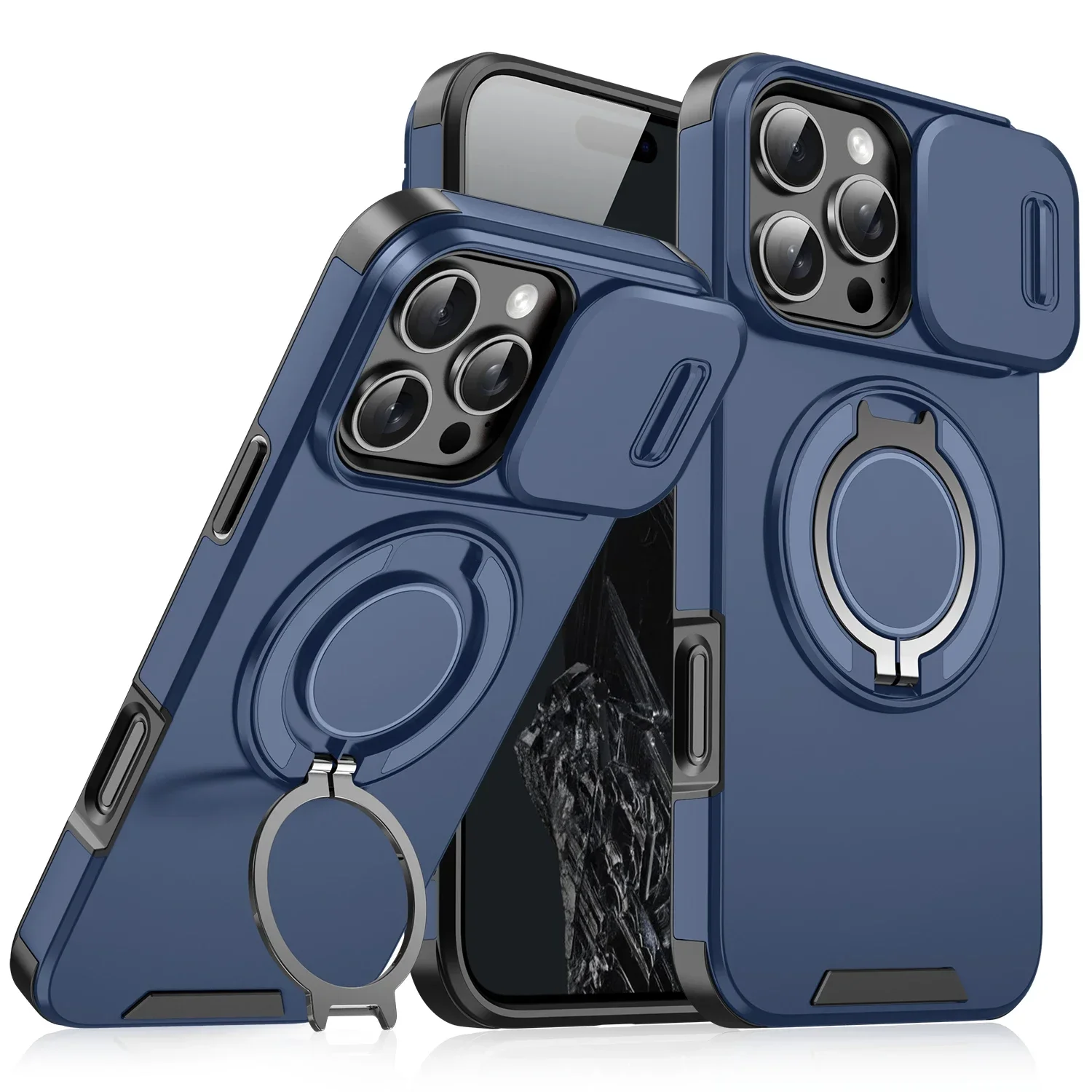 (iphone 15 Pro Max, Azul Escuro) Capa Deslizante Magnética Resistente Para Iphone, Proteção Da Câmera