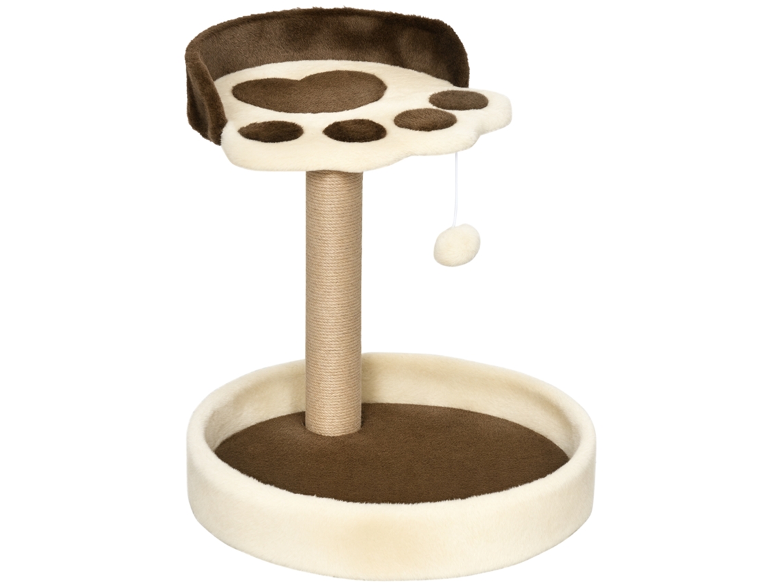 Árvore Para Gatos Com Poste Arranhador Em Formato De Pata, 2 Plataformas E Um Pompom Pendurado, 44 Cm De Altura, Marrom