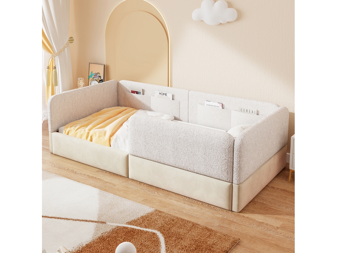 Cama Plataforma Acolchoada 90x200 Com Grade De Segurança E Bolsa De Armazenamento, Branca