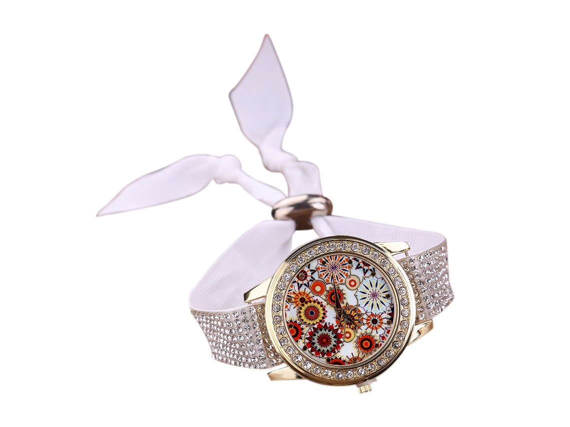 Relógio de Pulso Feminino de Quartzo com Painel Estampado e Pulseira de Tecido Branco