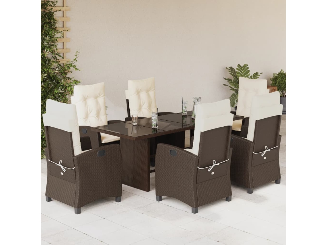 Vidaxl 7 Pcs Conjunto Jantar P/ Jardim C/ Almofadões Vime Pe Castanho
