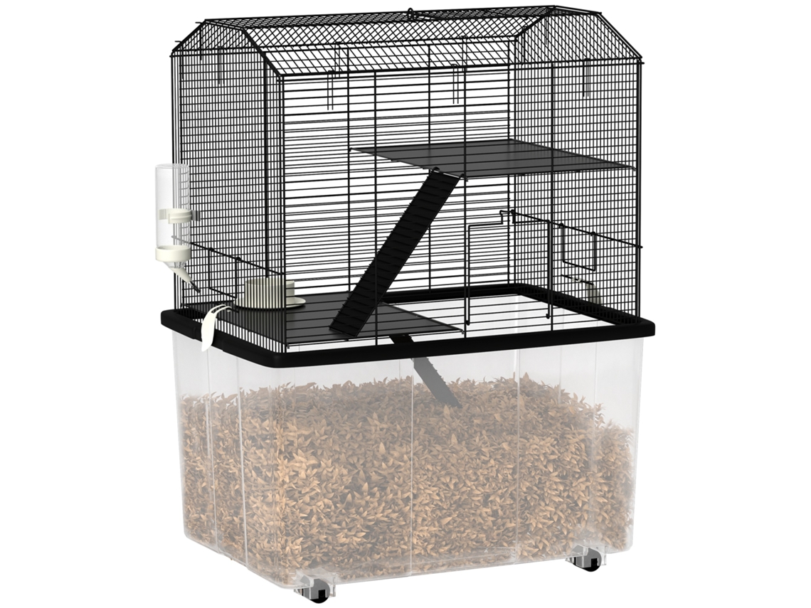 Gaiola para Hamsters, Gaiola para Roedores de 3 Andares com Rodízios, Plataforma e Escada de Arame de Aço, 57 X 43 X 74 Cm, Preta Ge