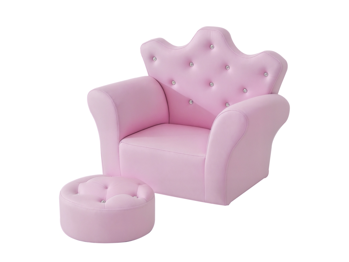 Sofá Infantil em Formato de Coroa, com Encosto Alto, Braços Acolchoados, Apoio para os Pés, Rosa 58x40,5x49cm | S/MARCA
