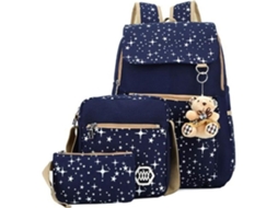 Conjunto De Mochila Escolar Mochila Menina Urso Estrela Bolsa Escolar Escola Secundária Bolsa De Viagem De Lona Azul 3 Un*