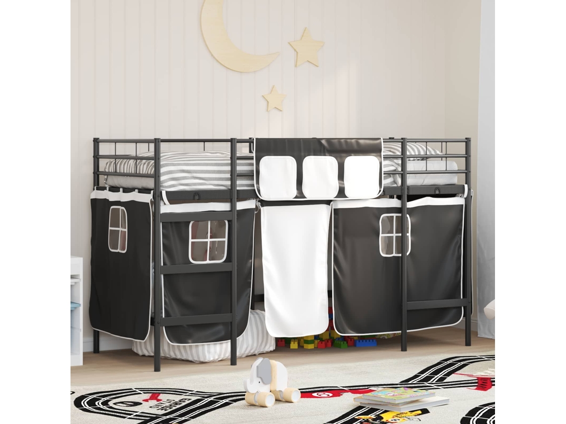 Vidaxl Estrutura de Cama Loft para Crianças com Cortinas Preto