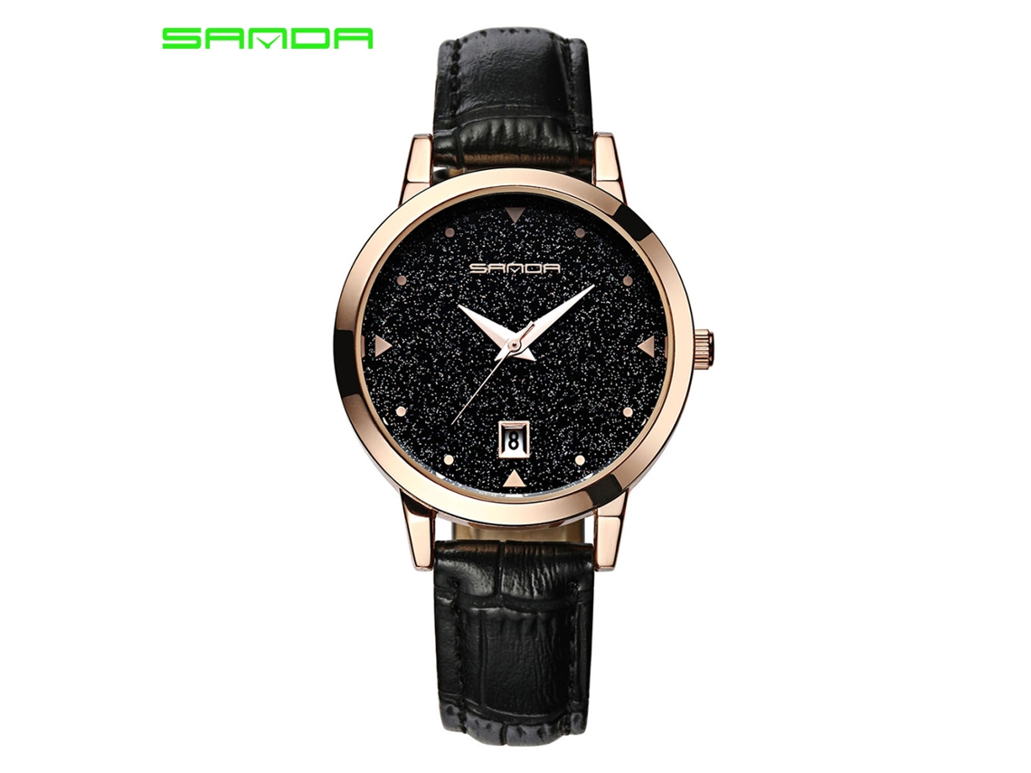 Relógio Feminino Sanda de Moda Pulseira Pu Resistente À Água Relógio de Quartzo Analógico Preto