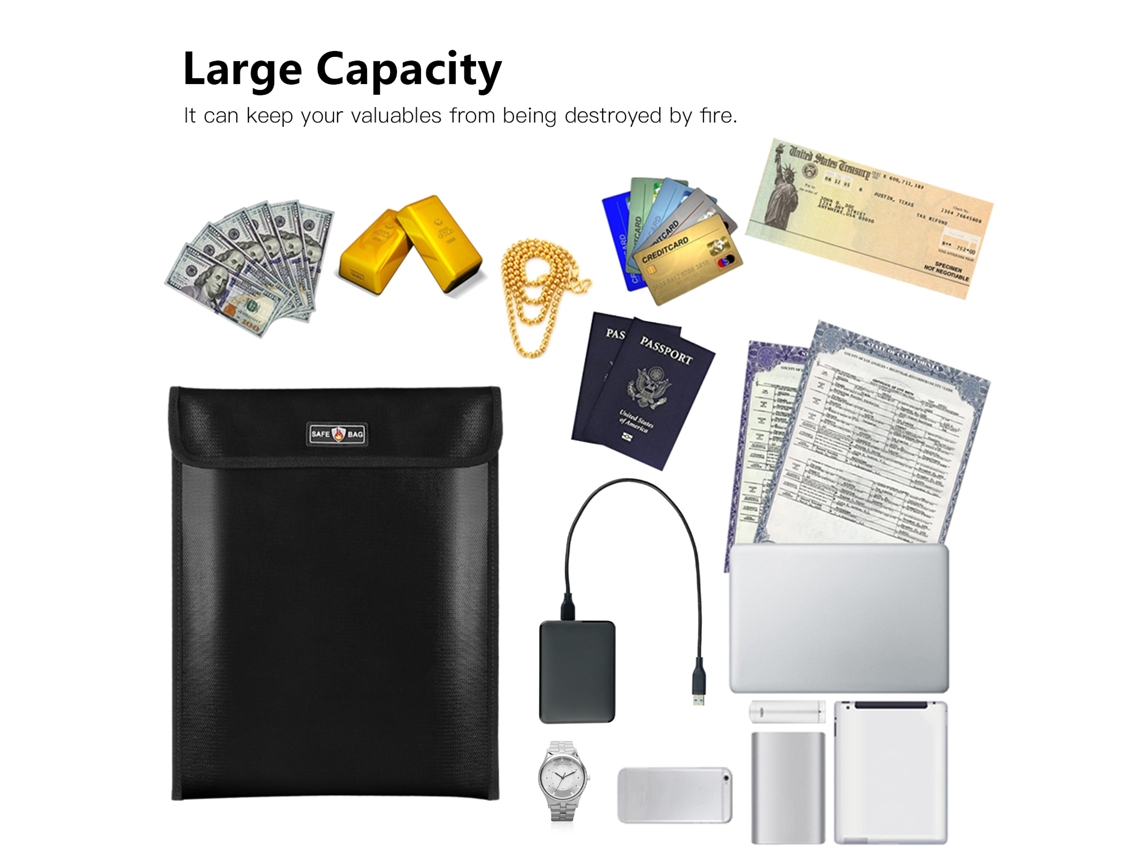 Bolsa De Documentos Ignífuga 34x27,5 Cm Impermeável Para Dinheiro, Documentos, Joias, Passaporte, Valores Com Fecho De Cremallera