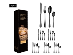 Conjunto De Talheres Em Aço Inoxidável (24 Peças - Preto) Com Facas, Garfos E Colheres Em Aço Inoxidável.