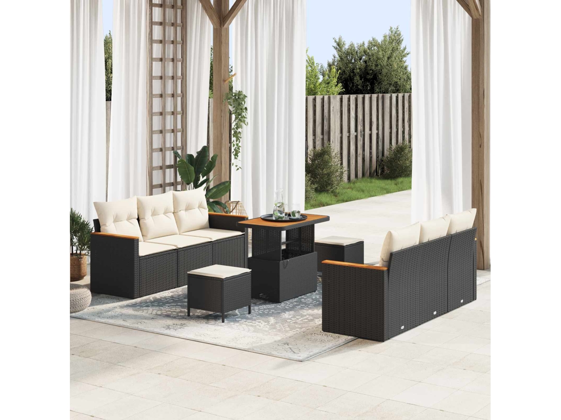 Vidaxl Conjunto De Sofá De Jardim 9 Pcs Preto Vime Pe