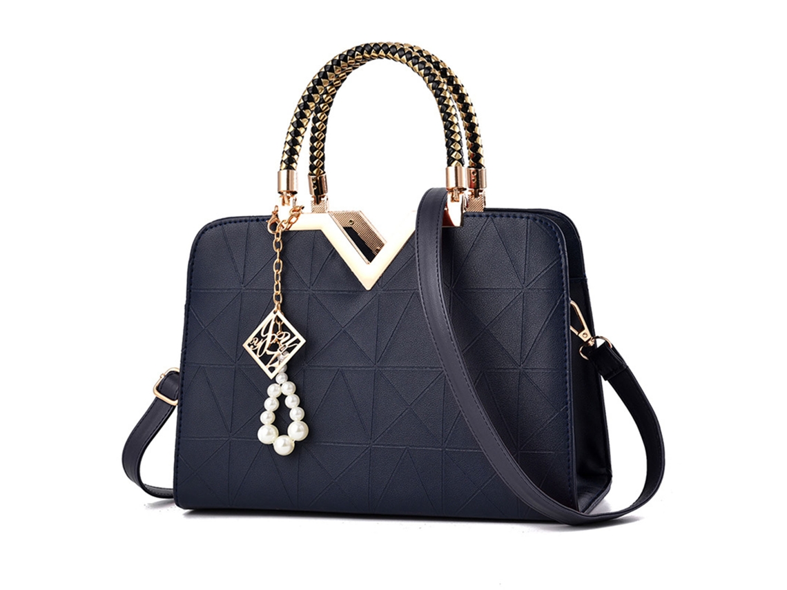 Bolsa Feminina de Couro Pu com Pingente Capacidade Ampla para Trabalho Encontro Azul Escuro