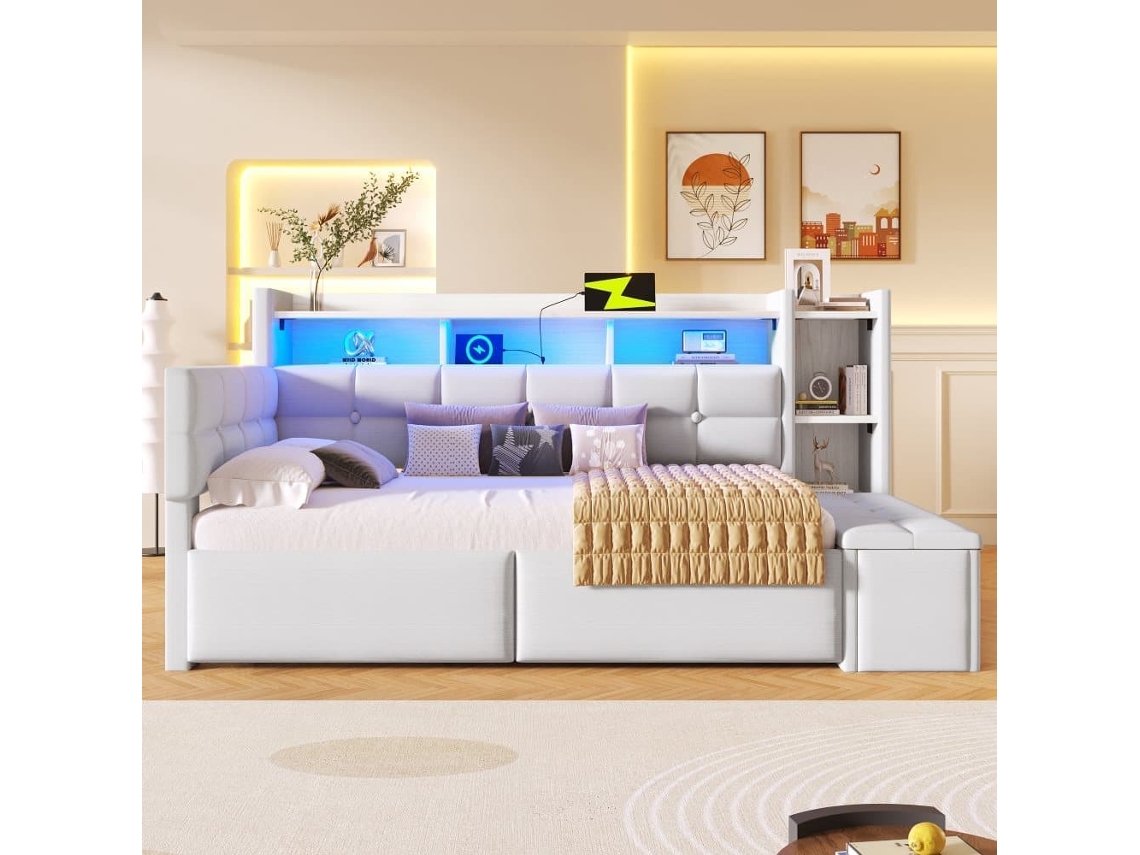 Sofá-cama 90x190 Cm - Com 2 Gavetas, Portas Usb E Tipo C, Armazenamento, Led, Sem Colchão - Branco