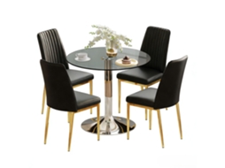 Conjunto De Mesa De Jantar 85 Cm Para 4 Pessoas - Vidro Temperado Minimalista + Cadeiras Em Pu - Preto