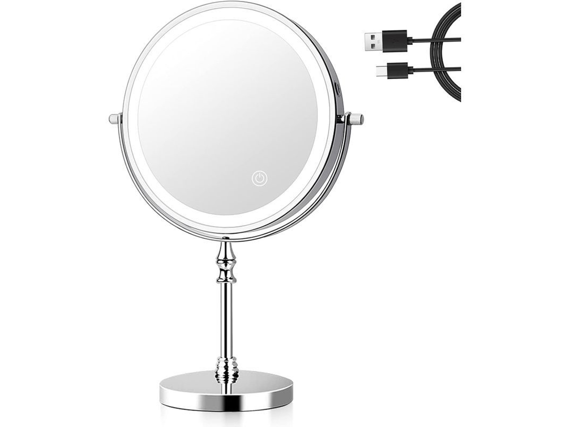 Espejo De Maquillaje Iluminado 8 Pulgadas, 1x/10x Magnificación, Usb Recargable, 360° Rotación, Plata