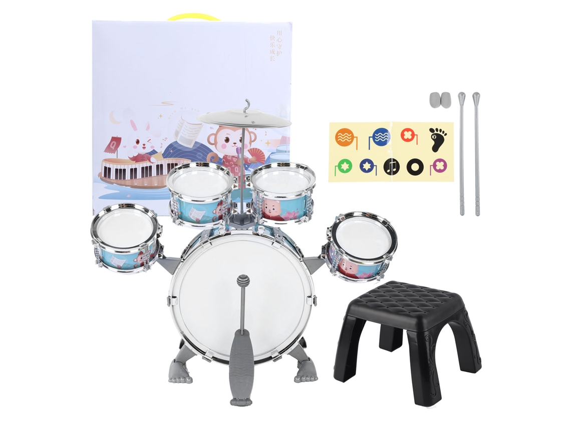 Mali bateria Infantil Cartoon 5 Tambores e Prato Instrumento Musical Educativo Brinquedo Azul