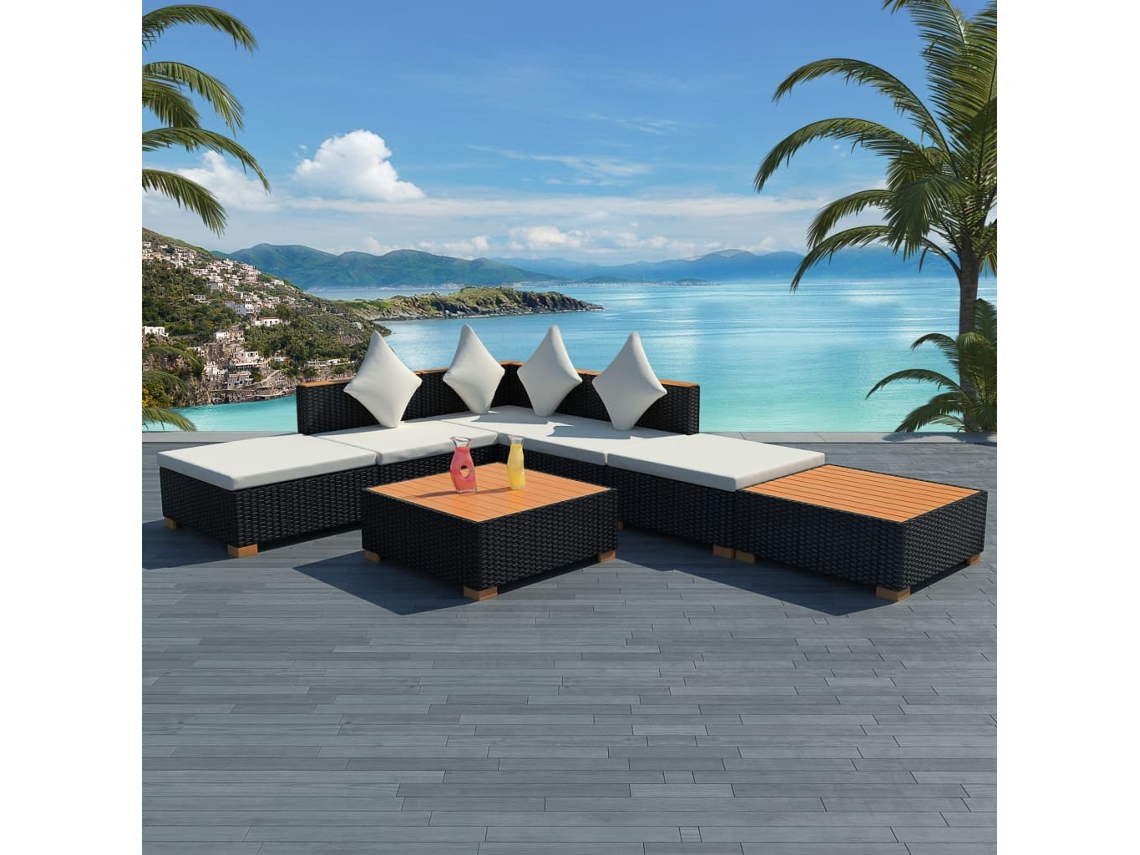Conjunto Lounge Jardim 7 Peças C/ Almofadões Vime Pe Preto Dkd Home Decor