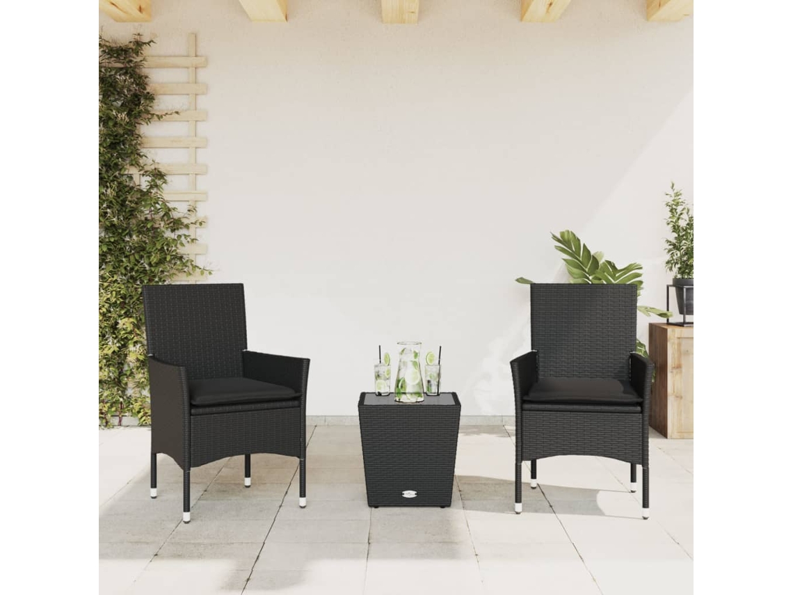Vidaxl 3 Pcs Conjunto De Bistrô Com Almofadões Vime Pe/vidro Preto