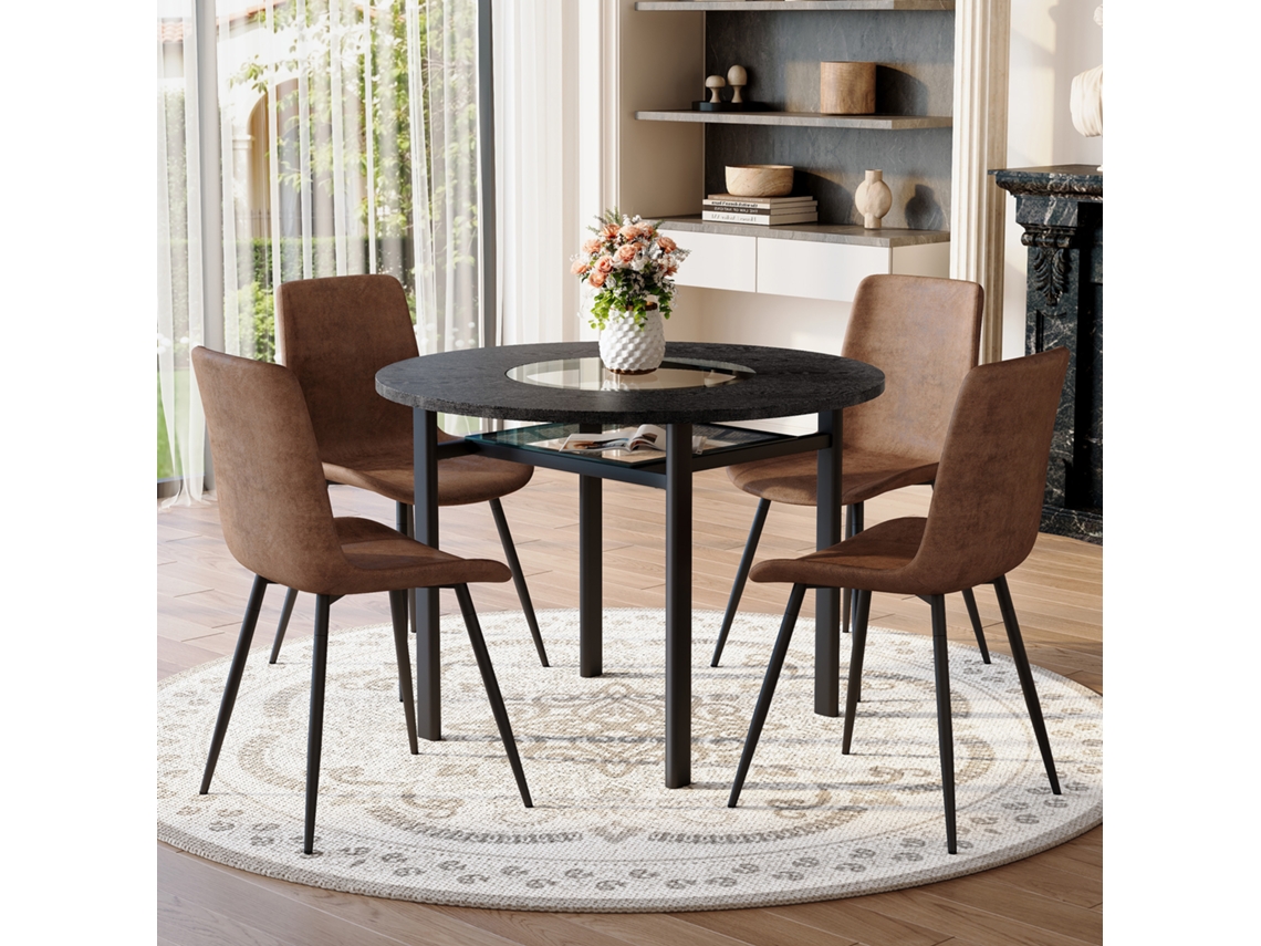 Conjunto de Sala de Jantar Redondo 100 cm com 4 Cadeiras Castanhas em Tecido Tech, Assento Largo MOBRIO