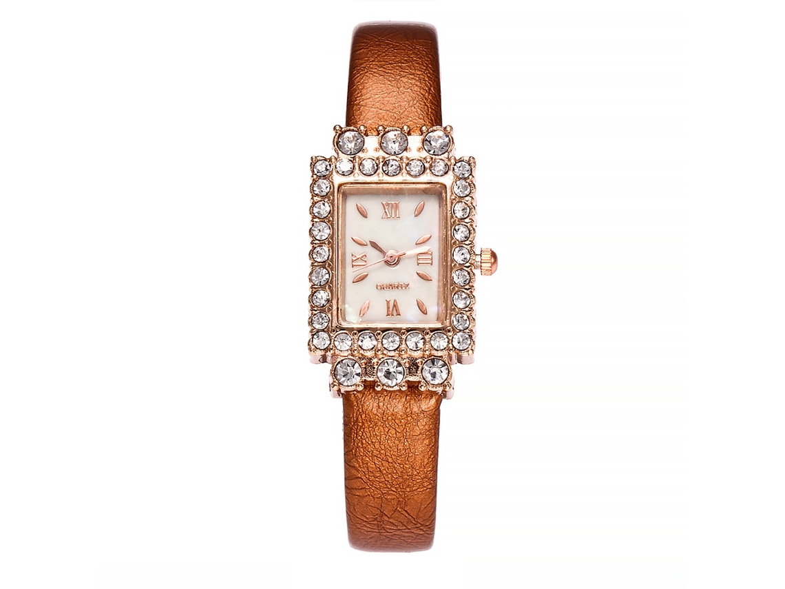 Relógio de Pulso Feminino Vansvar Quadrado com Cristais Pulseira de Couro Pu Marrom
