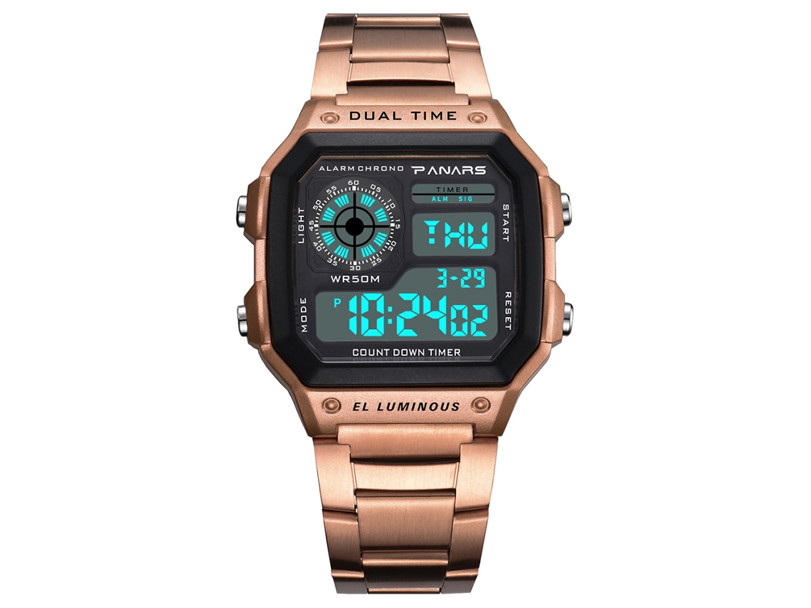 Relógio masculino multifuncional Panars com pulseira de aço inoxidável, iluminado e resistente à água (ouro rosa)